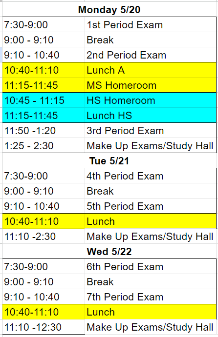 exam schedule